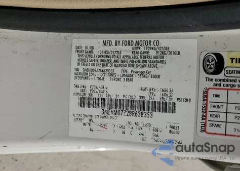 2008 Mercury Milan из США, поврежденный, VIN 3MEHM07Z28R638353